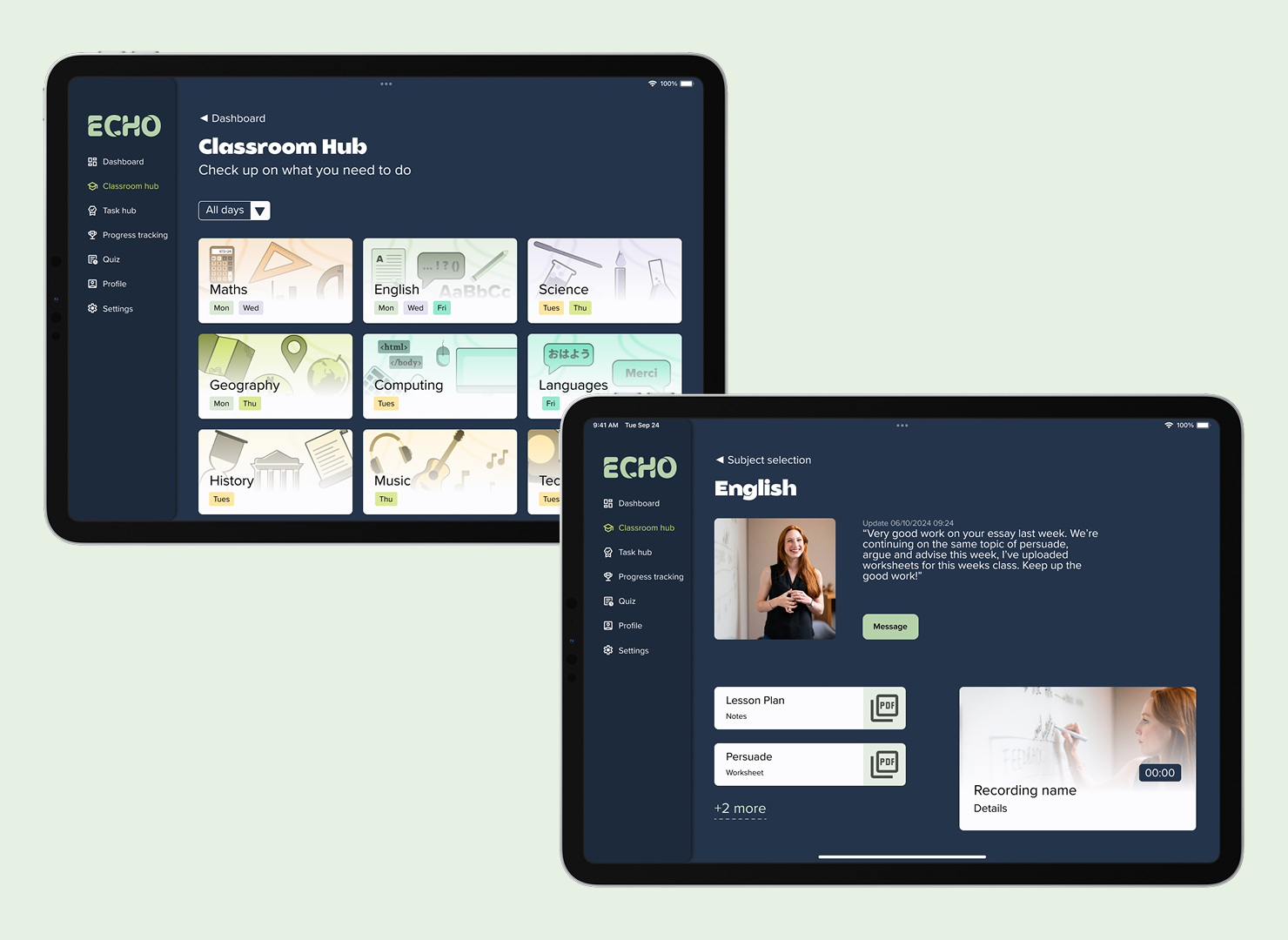 Two mockup screens displaying the classroom hub